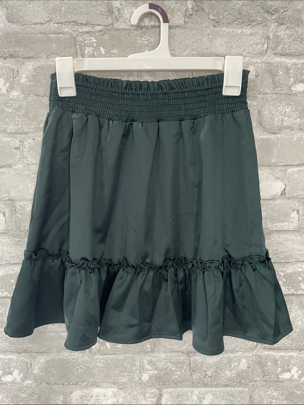 Lola Grace Smocked-Ruffle Mini Skirt in Emerald Green